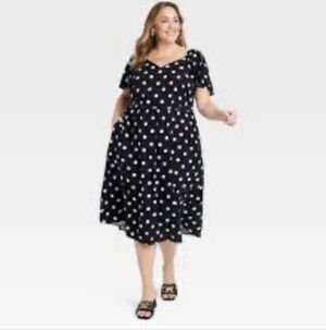 Women's Black Midi Dress With White Polka Dots - Ava & Viv - 2X